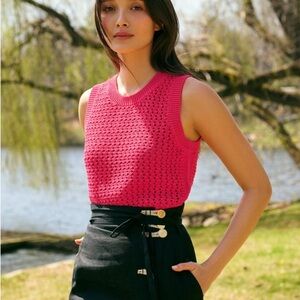 White + Warren Mercerized Cotton Mesh Tank | Coral Berry | Size M | Spring Knit